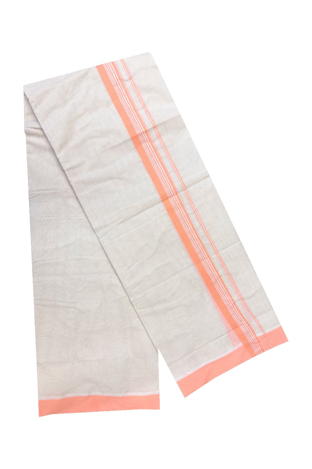 20% Discount KaithariKada Balaramapuram 100% Cotton Double Off white Mundu/Dhoti-100x100 2.25 inch  Peach Stripes Kara- 126