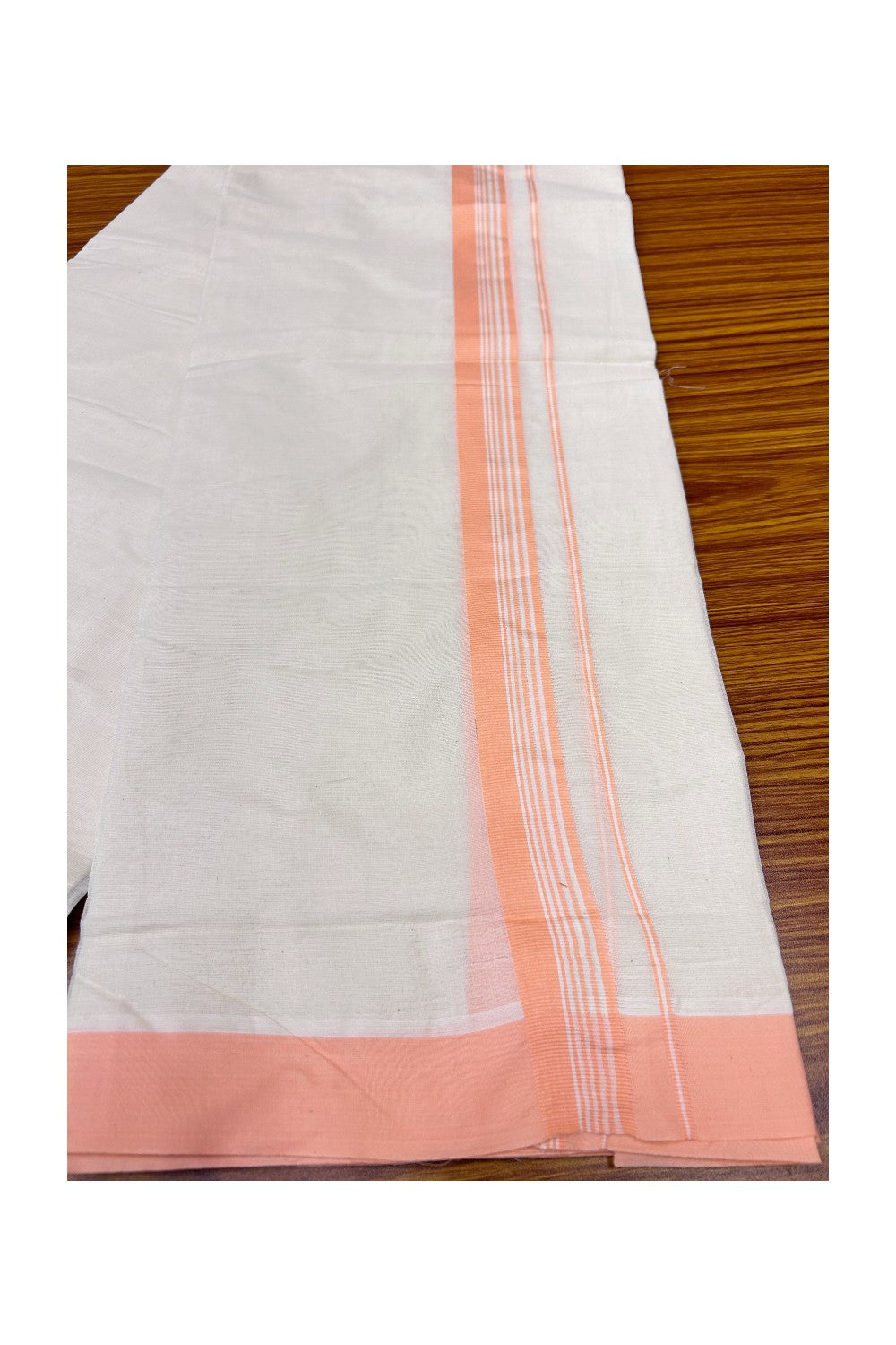 20% Discount KaithariKada Balaramapuram 100% Cotton Double Off white Mundu/Dhoti-100x100 2.25 inch  Peach Stripes Kara- 126