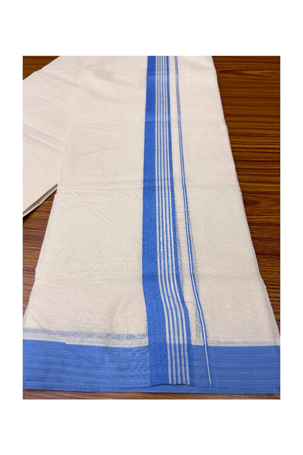 20% Discount KaithariKada Balaramapuram 100% Cotton Double Off white Mundu/Dhoti-100x100 2.25 inch Blue Stripes Kara- 127