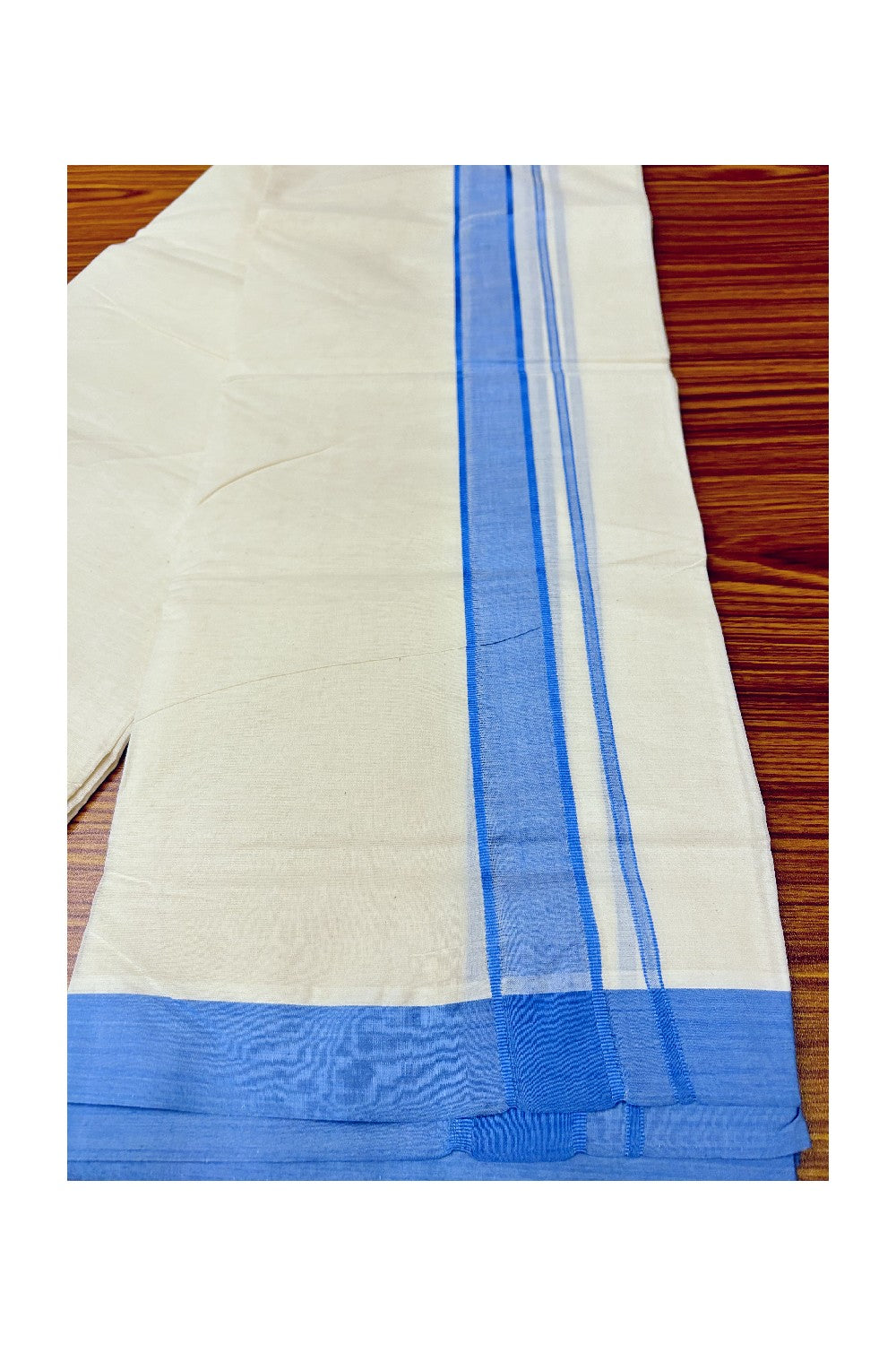 10% Discount KaithariKada Balaramapuram 100% Cotton Double Off white Mundu/Dhoti-100x100 2.25 inch  Electric Blue Kara- 155