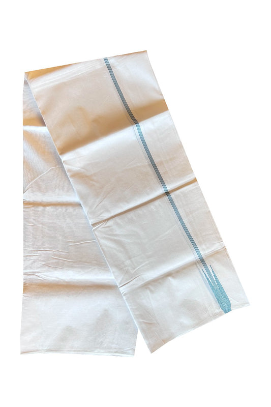 20% DISCOUNT!! KaithariKada Balaramapuram 100% Cotton PURE WHITE Double Mundu/Dhoti-100x100  2cm Puliyilakkara Chutty Blue+Green Kara- Onam Collection-202