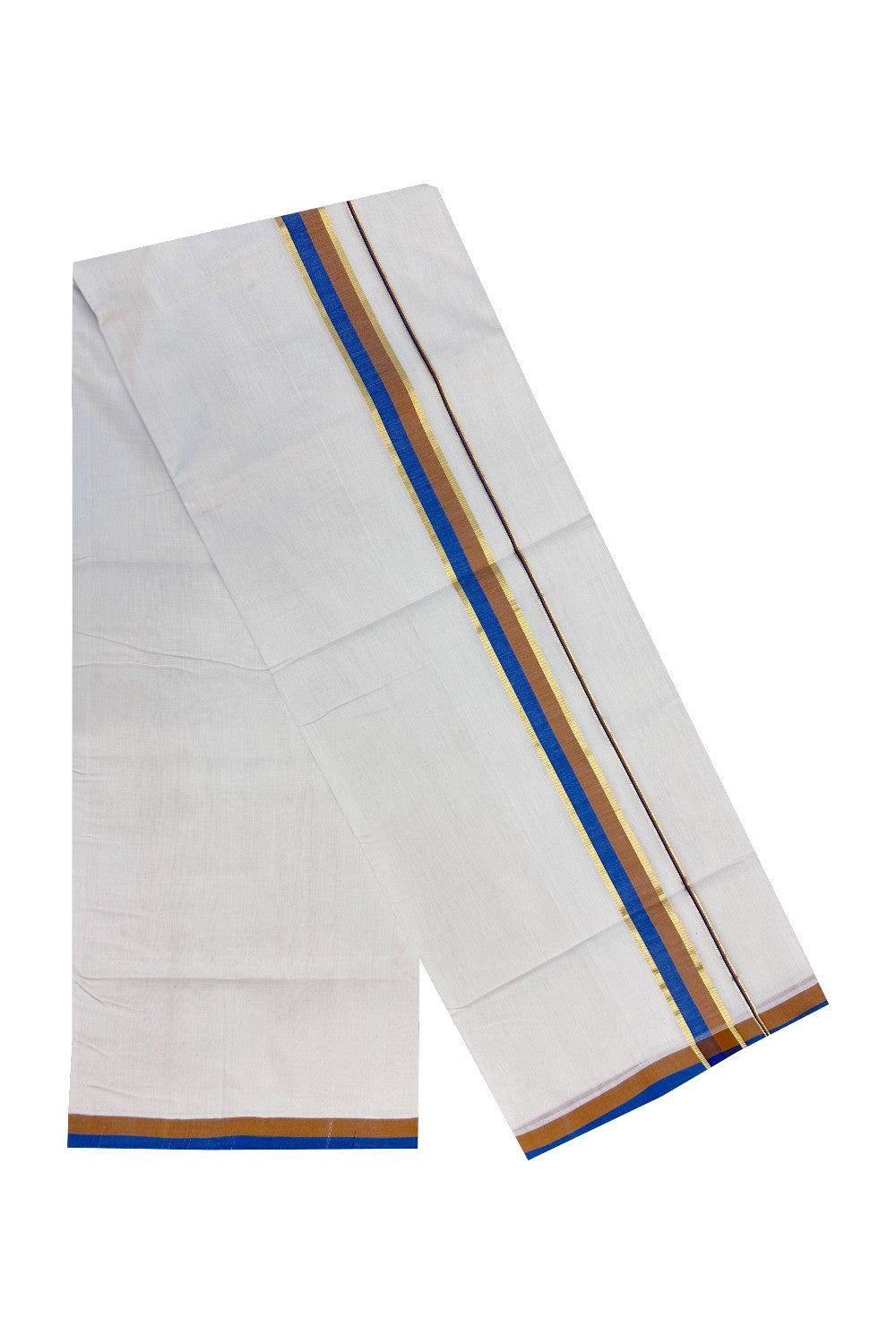 30% OFFER ! KaithariKada HANDLOOM Unakkupaav Balaramapuram - 100% PURE Cotton Off White (Unbleached) - 100x100 Double Mundu/Dhoti -2. inch  Blue & Orange+Brown Kara- 207