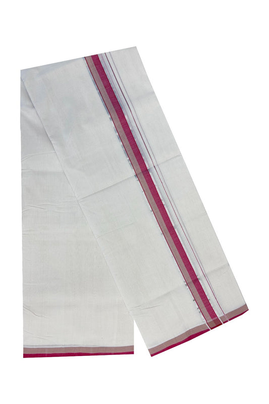 21% Discount KaithariKada HANDLOOM Unakkupaav Balaramapuram - 100% PURE Cotton Off White (Unbleached) - 100x100 Double Mundu/Dhoti -  2.inch Silver Kasavu - Pink & Brown Kara-208