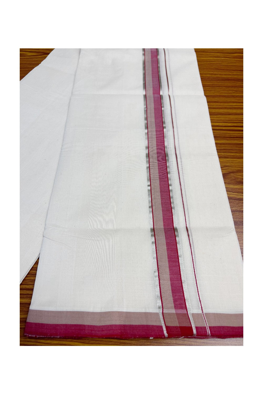 21% Discount KaithariKada HANDLOOM Unakkupaav Balaramapuram - 100% PURE Cotton Off White (Unbleached) - 100x100 Double Mundu/Dhoti -  2.inch Silver Kasavu - Pink & Brown Kara-208