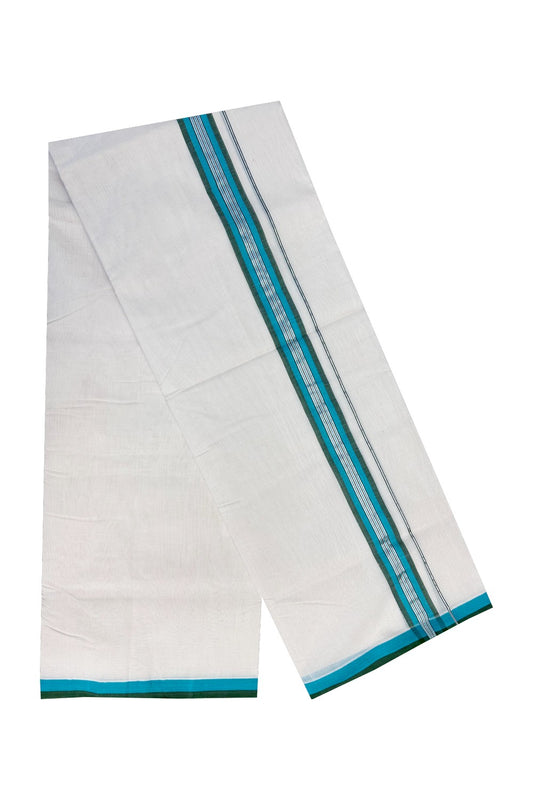 21% Discount KaithariKada HANDLOOM Unakkupaav Balaramapuram - 100% PURE Cotton Off White (Unbleached) - 100x100 Double Mundu/Dhoti - 2 inch Silver Kasavu Blue & Green Kara- 210