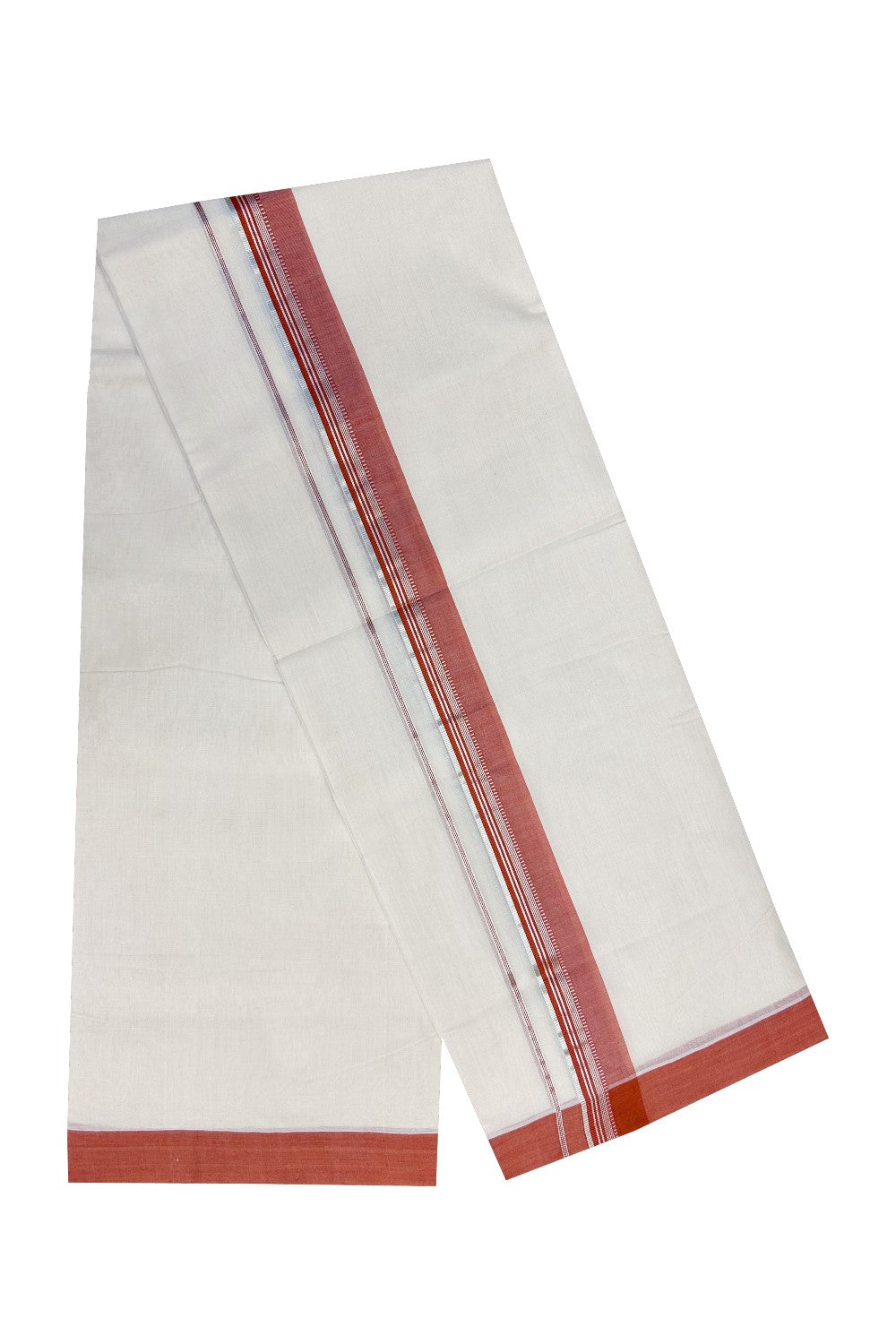 21% Discount KaithariKada HANDLOOM Unakkupaav Balaramapuram - 100% PURE Cotton Off White(Unbleached) - 100x100 Double Mundu/Dhoti - 2.25 inch Silver Kasavu Brick Red Kara- 212