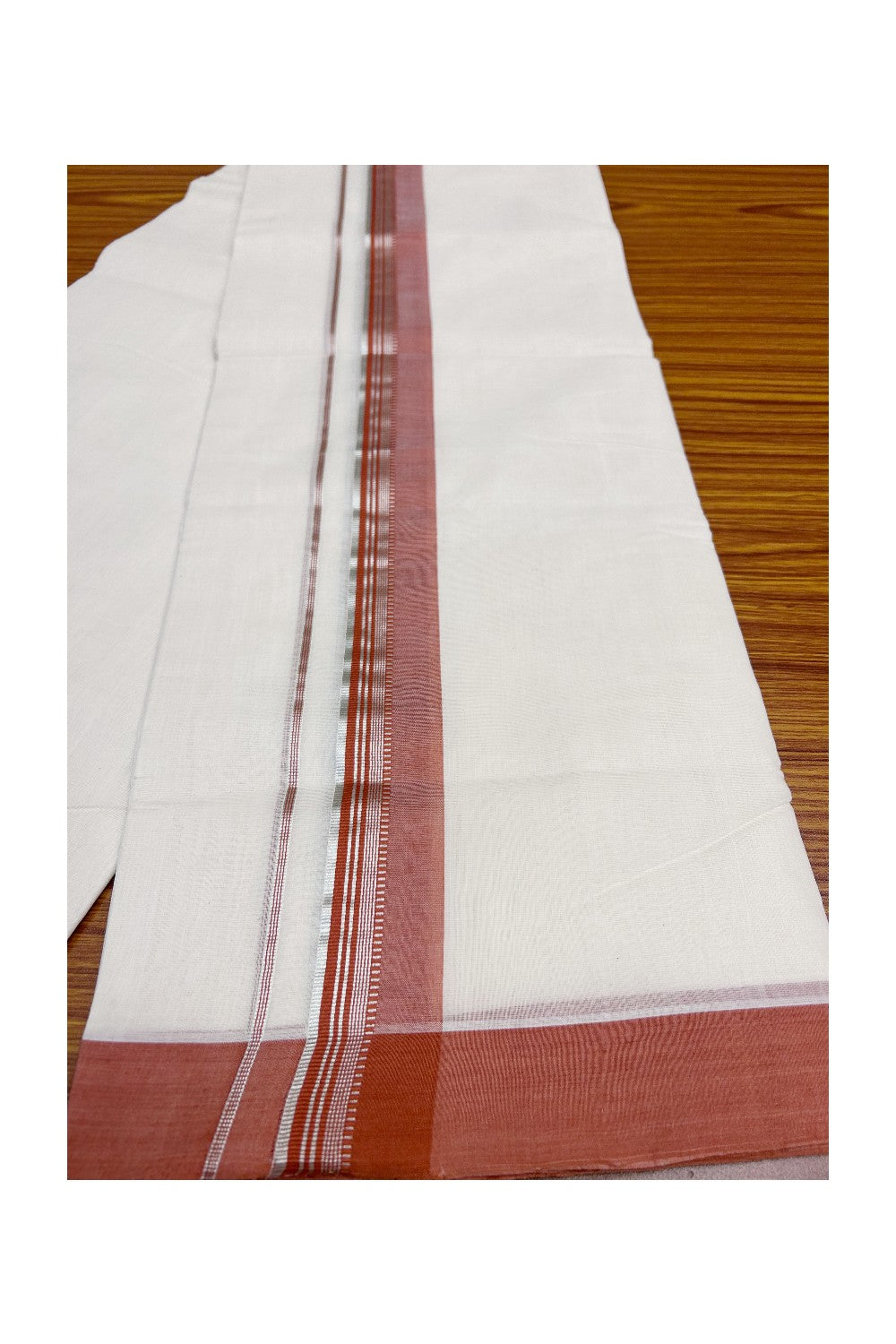 21% Discount KaithariKada HANDLOOM Unakkupaav Balaramapuram - 100% PURE Cotton Off White(Unbleached) - 100x100 Double Mundu/Dhoti - 2.25 inch Silver Kasavu Brick Red Kara- 212