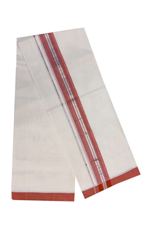 21% Discount KaithariKada HANDLOOM Unakkupaav Balaramapuram - 100% PURE Cotton Off White (Unbleached) - 100x100 Double Mundu/Dhoti - 2.75 inch Silver Kasavu Brick Red Kara-217