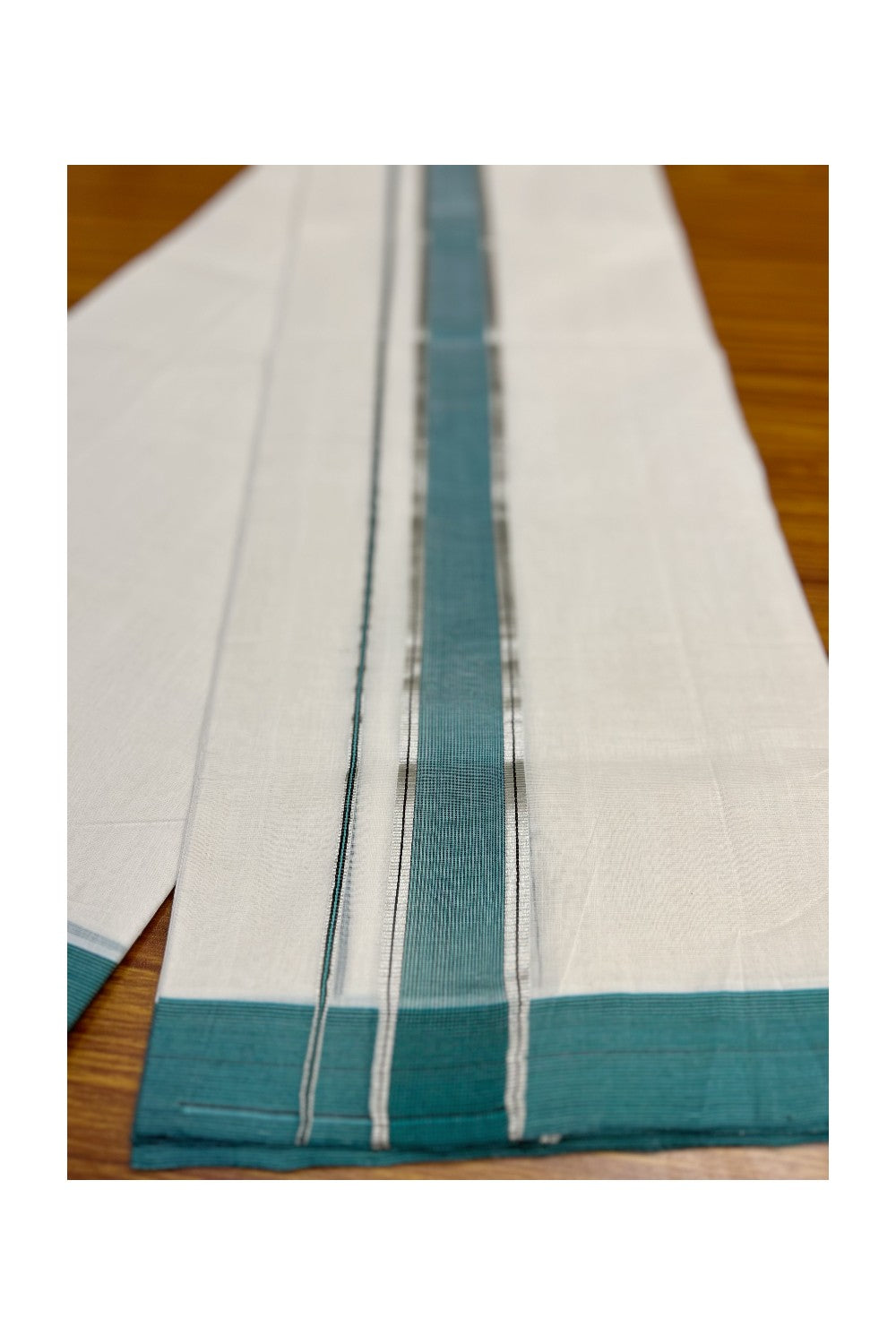 21% Discount KaithariKada HANDLOOM Unakkupaav Balaramapuram - 100% PURE Cotton Off White - 100x100 Double Mundu/Dhoti -2.5 inch Silver Kasavu Green Blue & Black Stripes Kara- 222