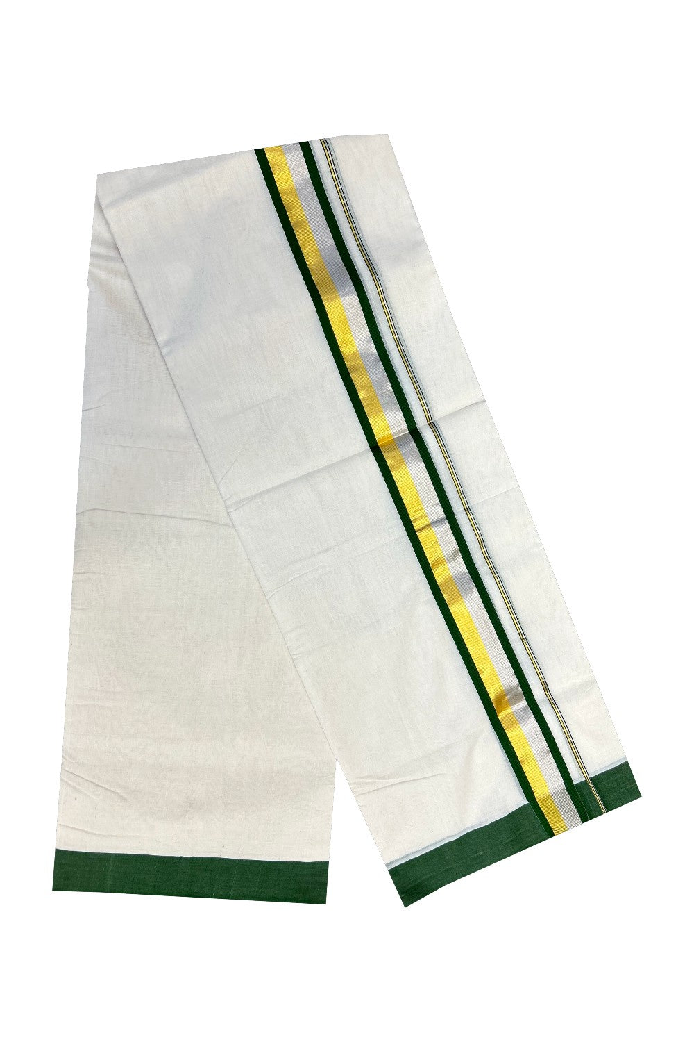 21% Discount KaithariKada HANDLOOM Unakkupaav Balaramapuram - 100% PURE Cotton Off White - 100x100 Double Mundu/Dhoti - 2.25 inch Gold & Silver Kasavu Green Stripes Kara- 225