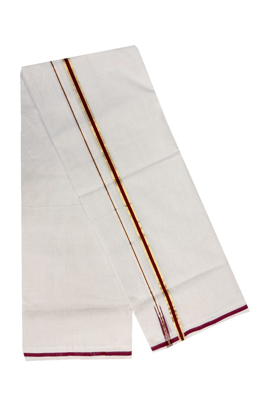 15 % DISCOUNT!! KaithariKada HANDLOOM Unakkupaav Balaramapuram - 100% PURE Cotton Off White (Unbleached) - 100x100 Double Mundu/Dhoti -  1.5cm Chutty Puliyilakkara Kasavu Maroon Kara-230