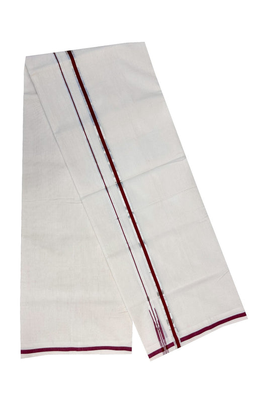 20% DISCOUNT!! KaithariKada HANDLOOM Unakkupaav Balaramapuram - 100% PURE Cotton Off White (Unbleached) - 100x100 Double Mundu/Dhoti - 1.5cm  Chutty Puliyilakkara Silver Kasavu Maroon Kara-231