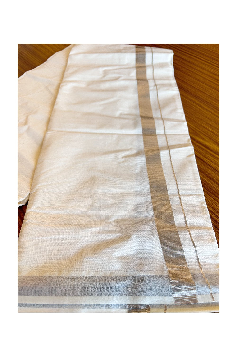 13% Discount KaithariKada Balaramapuram 100% Cotton Double Off white - (Unbleached) - Mundu/Dhoti- 80x72 - Silver Kasavu 1.75 inch - 241