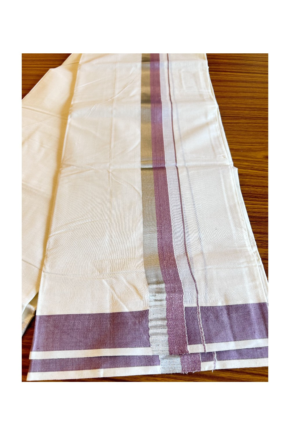 KaithariKada Balaramapuram 100% Cotton Double Off white Mundu/Dhoti-80x72-  1 inch \ Silver Kasavu Mix Purple Kara- 257