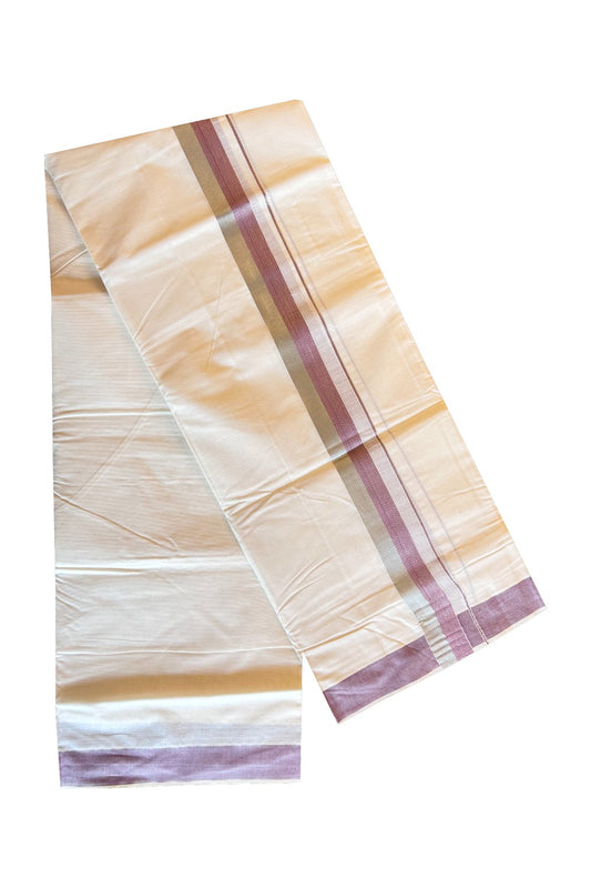 KaithariKada Balaramapuram 100% Cotton Double Off white Mundu/Dhoti-80x72-  1 inch \ Silver Kasavu Mix Purple Kara- 257