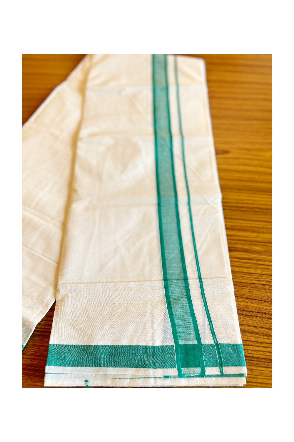 KaithariKada Balaramapuram 100% Cotton Double Off white Mundu/Dhoti-80x72- 2.25inch Green Kara- 268