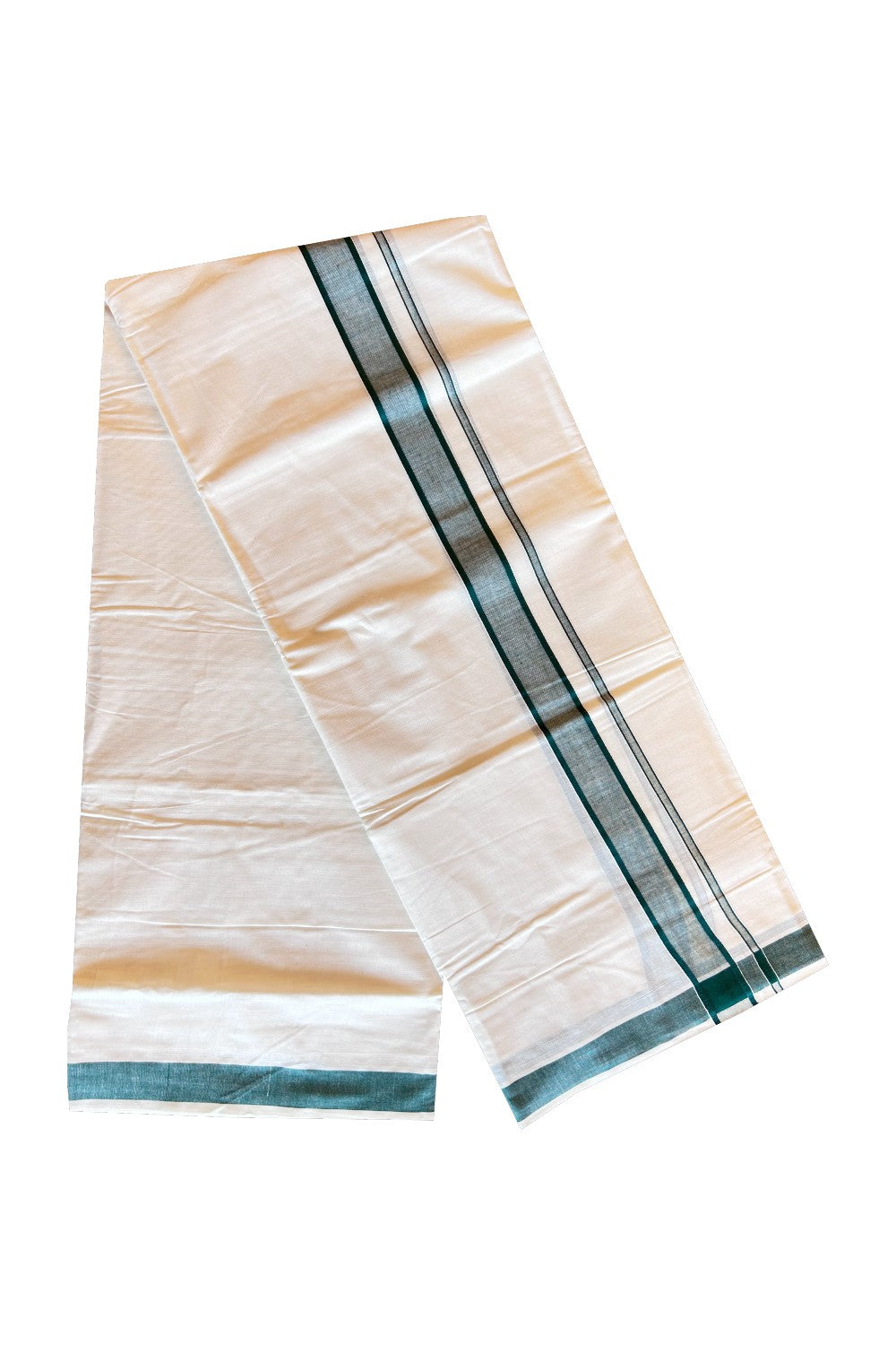 5% Discount KaithariKada Balaramapuram 100% Cotton Double Off white Mundu/Dhoti-80x72-1.inch  Dark Green Kara-276