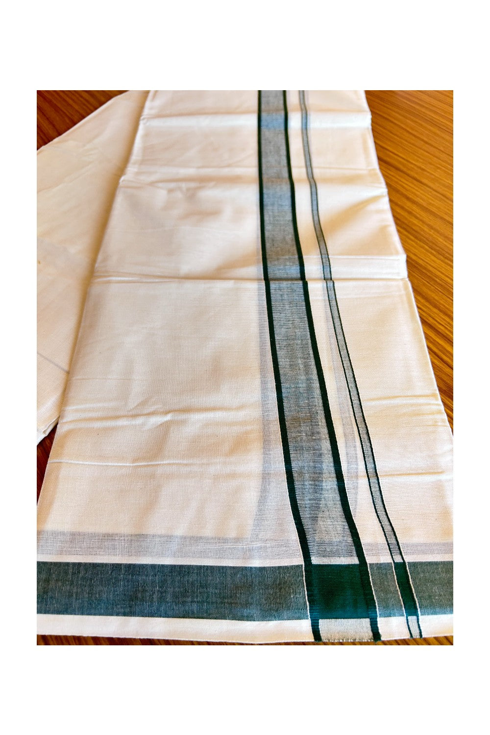 5% Discount KaithariKada Balaramapuram 100% Cotton Double Off white Mundu/Dhoti-80x72-1.inch  Dark Green Kara-276