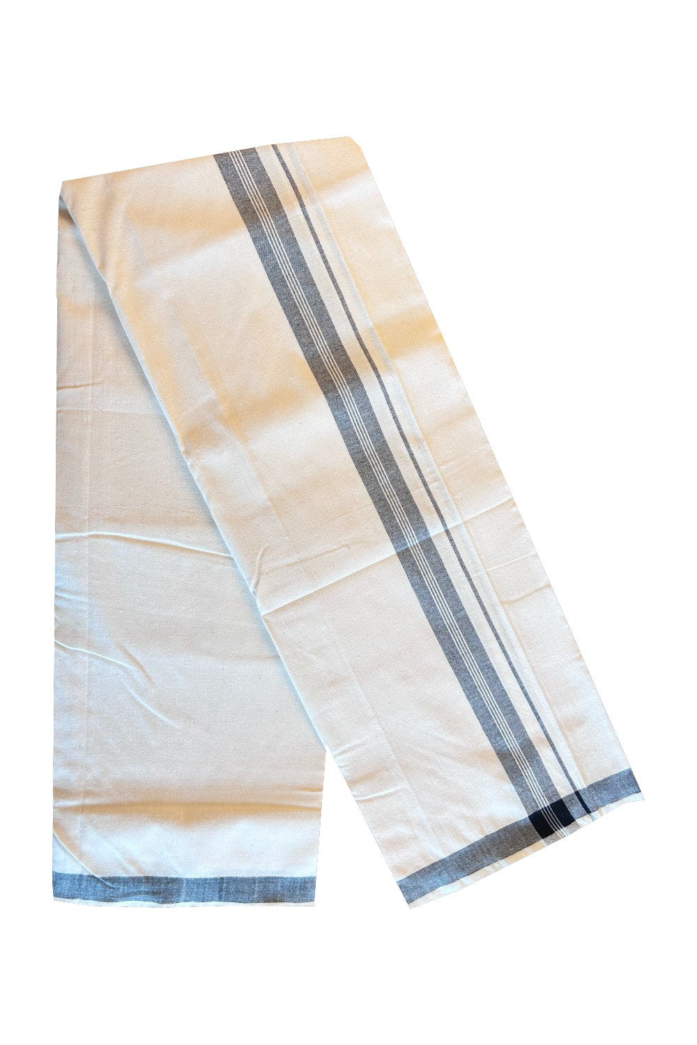 32% Discount KaithariKada 100% Cotton Balaramapuram HANDLOOM Single Mundu/Dhoti - Off White (Unbleached) 2inch Black Kara Stripes-324