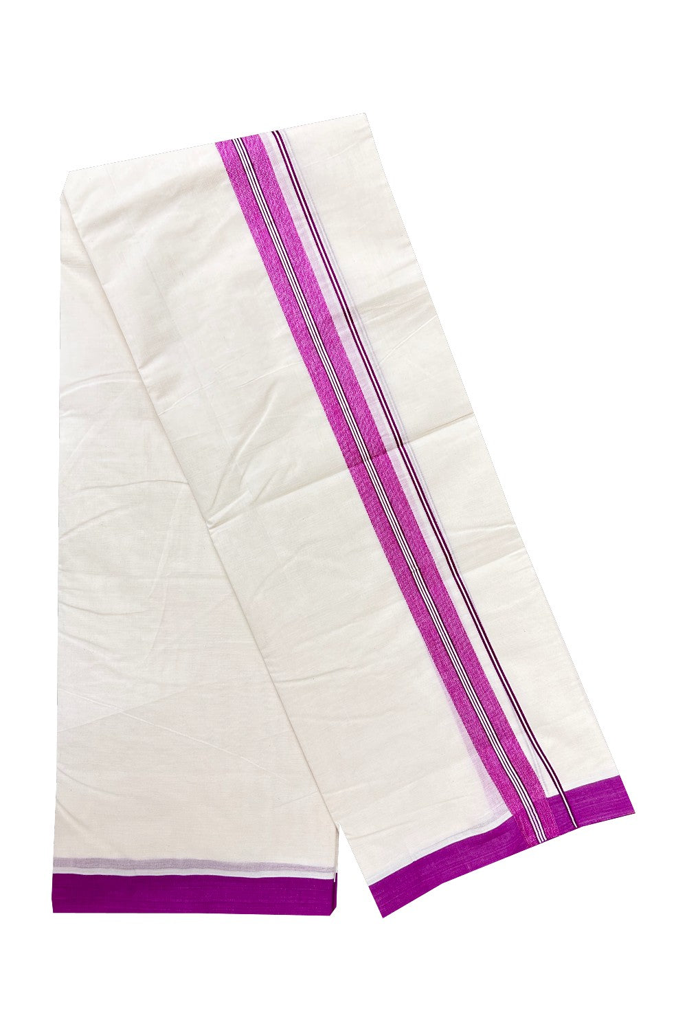 10% Discount New!! KaithariKada Balaramapuram 100% Cotton Double Off white Mundu/Dhoti-100x100 2 inch Vadamulla / Purple Strips kara-44