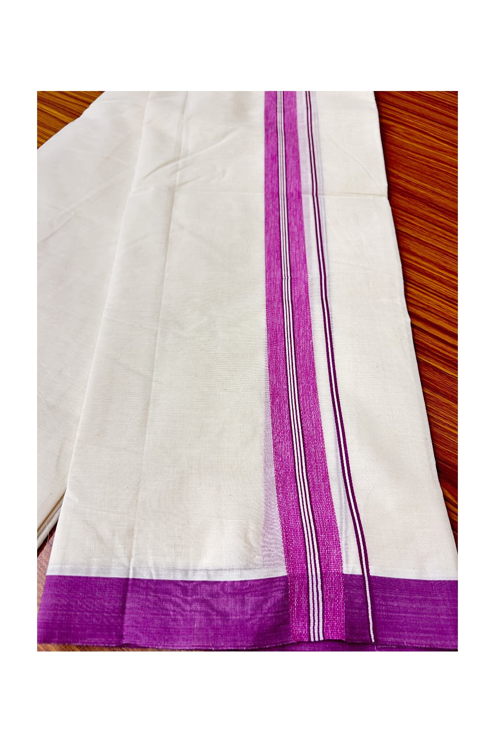 10% Discount New!! KaithariKada Balaramapuram 100% Cotton Double Off white Mundu/Dhoti-100x100 2 inch Vadamulla / Purple Strips kara-44