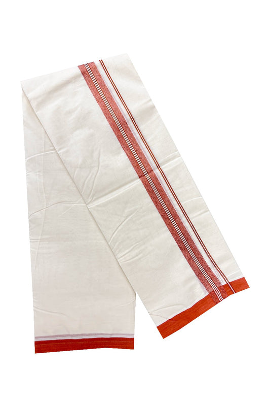 21% Discount  New!! KaithariKada Balaramapuram 100% Cotton Double Off white Mundu/Dhoti-100x100 2.5 inch Orange Brown Strips kara-45