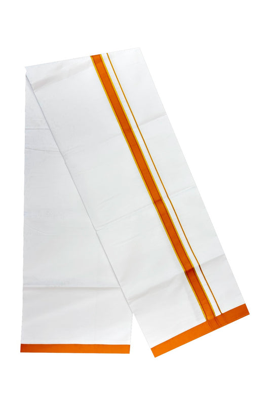 KaithariKada Balaramapuram 100% Cotton Ultra WHITE SINGLE Mundu/Dhoti-80x80 1.5inch  Orange Brown & Kasavu Kara- 58