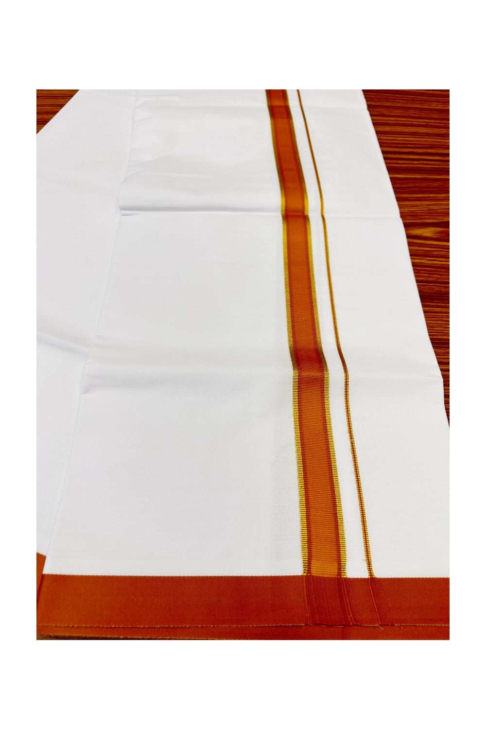 KaithariKada Balaramapuram 100% Cotton Ultra WHITE SINGLE Mundu/Dhoti-80x80 1.5inch  Orange Brown & Kasavu Kara- 58