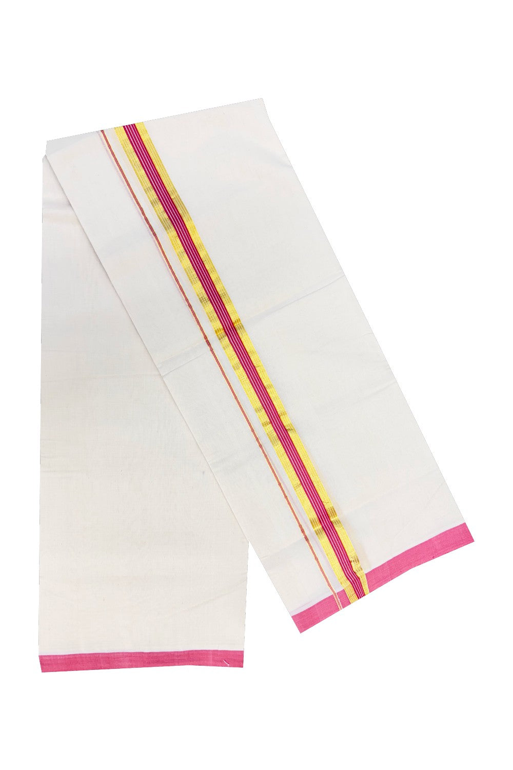 15% DISCOUNT! KaithariKada HANDLOOM Millpaav Balaramapuram - 100% PURE Cotton Off White (Unbleached) - 100x100 Double Mundu/Dhoti - 2 inch  Gold Kasavu Pink + Red Kara- 77