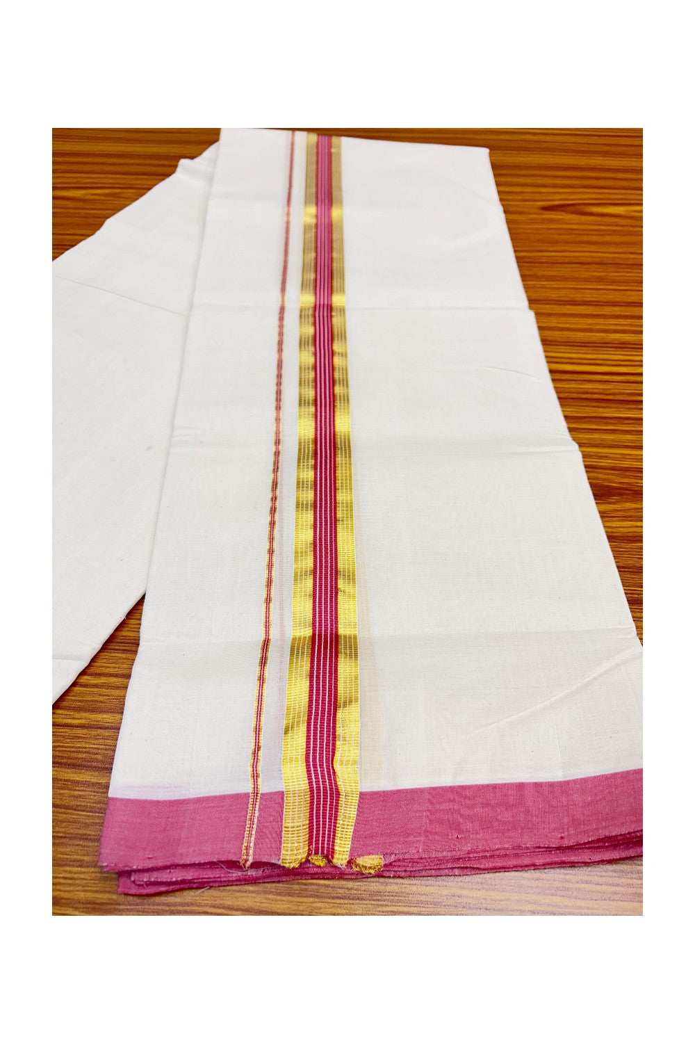 15% DISCOUNT! KaithariKada HANDLOOM Millpaav Balaramapuram - 100% PURE Cotton Off White (Unbleached) - 100x100 Double Mundu/Dhoti - 2 inch  Gold Kasavu Pink + Red Kara- 77