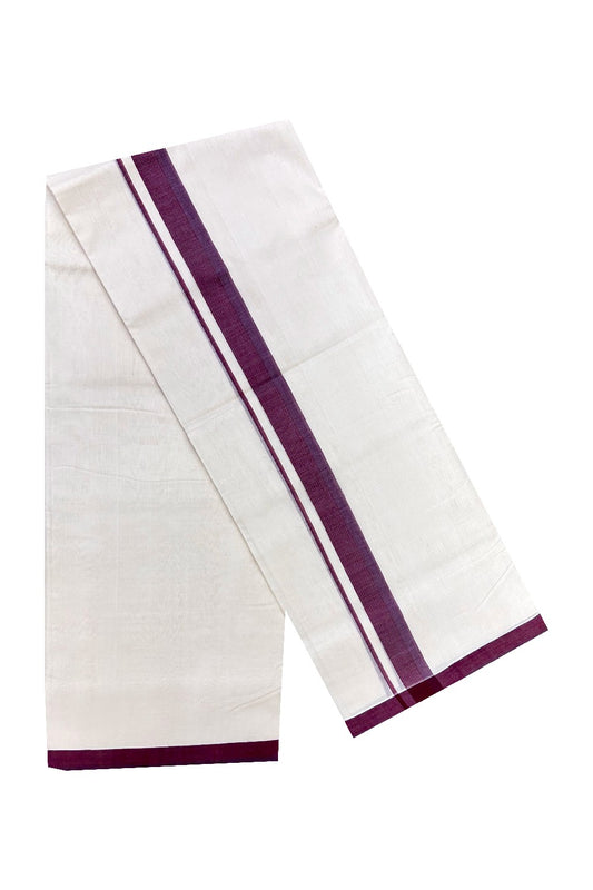 15% OFFER! KaithariKada HANDLOOM Unakkupaav Balaramapuram - 100% PURE Cotton Off White (Unbleached)  - 100x100 Double Mundu/Dhoti - 2inch  Vine Red + Red stripes Kara-104