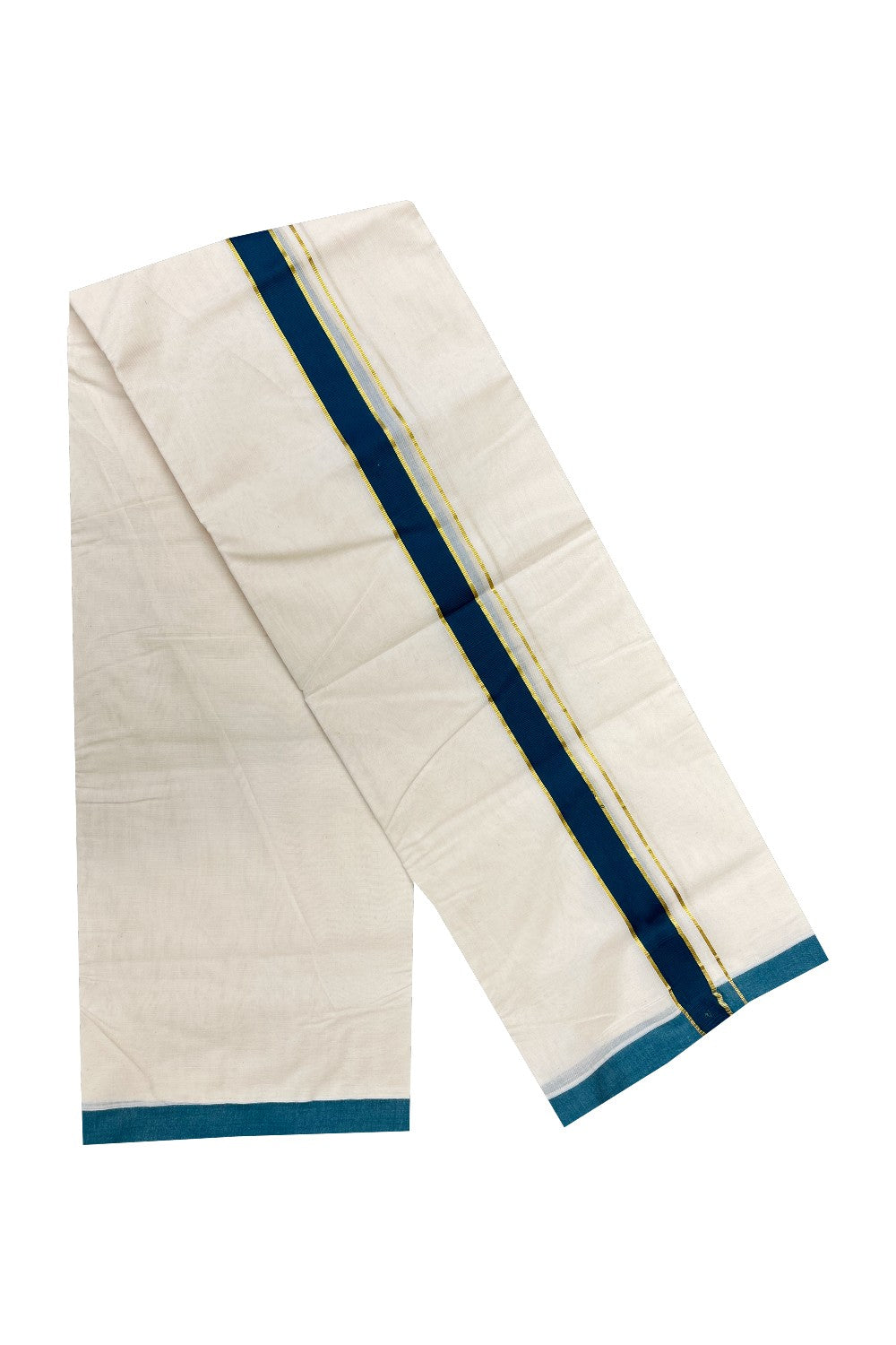 20% Discount KaithariKada Balaramapuram 100% Cotton Double Off white - (Unbleached) - Mundu/Dhoti-100x80 - 1.75 inch Gold Kasavu & Peacock green Kara 3.75 mtr  - 145