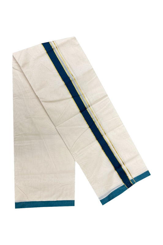 20% Discount KaithariKada Balaramapuram 100% Cotton Double Off white Mundu/Dhoti-100x80 -  1.75inch Gold Kasavu & Green Blue Kara- 145