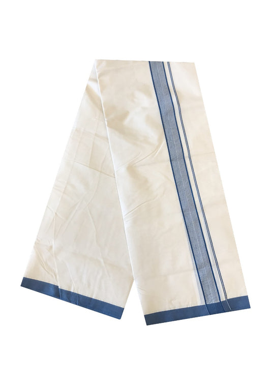 10% DISCOUNT ! KaithariKada Balaramapuram 100%  Cotton Double Off white Mundu/Dhoti-100X100- 2. inch BLUE & STRIPES Kara-1.