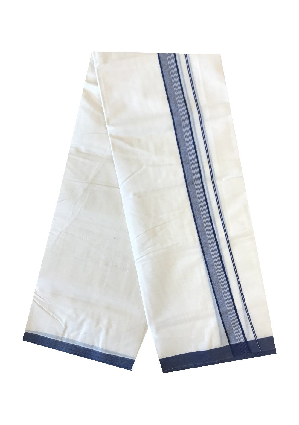 10% DISCOUNT ! KaithariKada Balaramapuram 100%  Cotton Double Off white Mundu/Dhoti-100X100- 2.25 inch   NAVY BLUE & STRIPES Kara-2.