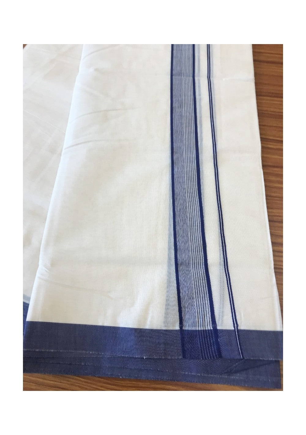 10% DISCOUNT ! KaithariKada Balaramapuram 100%  Cotton Double Off white Mundu/Dhoti-100X100- 2.25 inch   NAVY BLUE & STRIPES Kara-2.