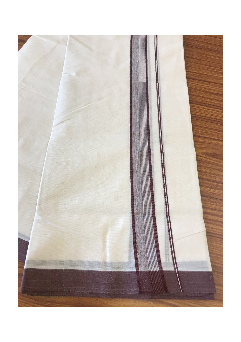 10% DISCOUNT ! KaithariKada Balaramapuram 100%  Cotton Double Off white Mundu/Dhoti-100X100- 2.inch BROWN & STRIPES Kara-5 .