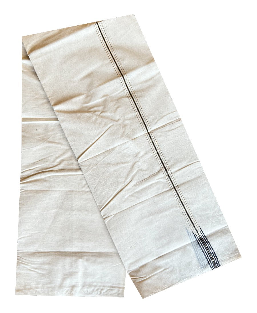 LATEST!! 22 % DISCOUNT ! KaithariKada Balaramapuram 100% Cotton Double Off white - (Unbleached) Mundu/Dhoti-100x100 0.75 inch  Chutty Puliyilakkara  NAVY BLUE  & Gold Kasavu Kara- 5.