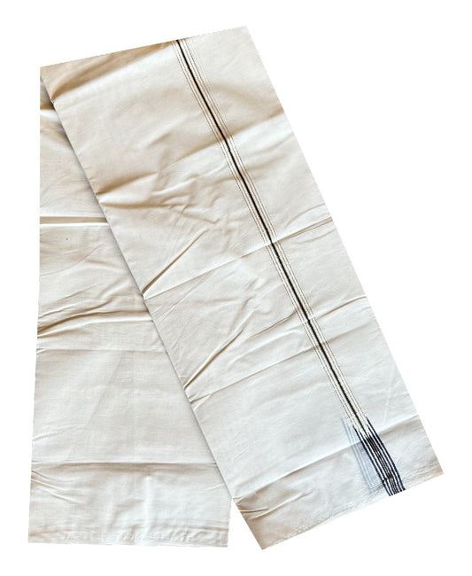 LATEST!! 22 % DISCOUNT ! KaithariKada Balaramapuram 100% Cotton Double Off white Mundu/Dhoti-100x100 1.5 cm  Chutty Puliyilakkara  NAVY BLUE  & Gold Kasavu Kara- 5.