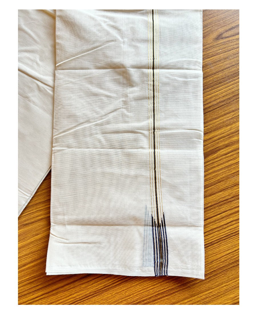 LATEST!! 22 % DISCOUNT ! KaithariKada Balaramapuram 100% Cotton Double Off white - (Unbleached) Mundu/Dhoti-100x100 0.75 inch  Chutty Puliyilakkara  NAVY BLUE  & Gold Kasavu Kara- 5.