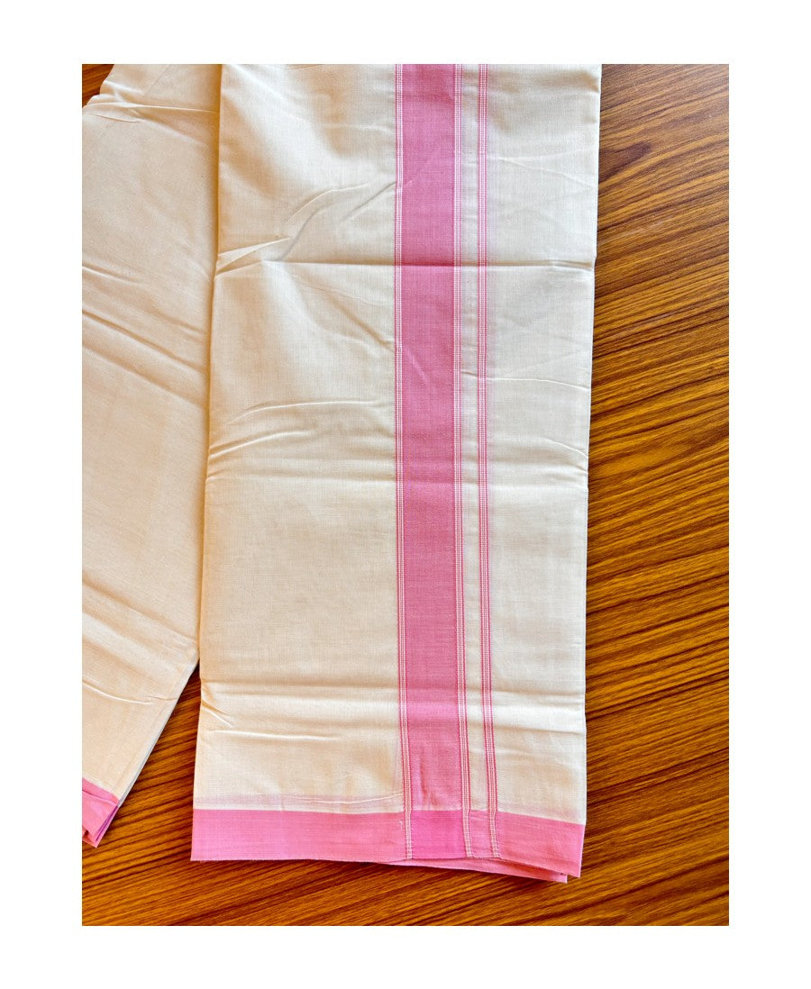 New!! 10% Discount ! KaithariKada Balaramapuram 100% Cotton Double Off white Mundu/Dhoti-100x80 -  1.inch Light PINK  Kara- KKDOT15018.