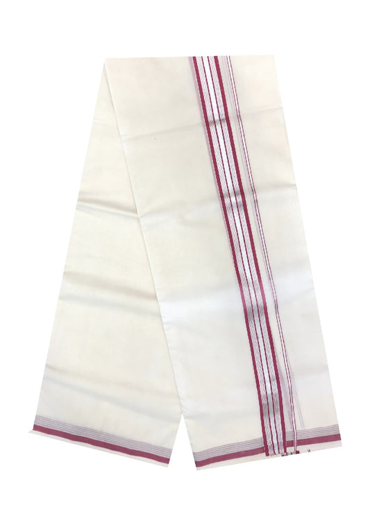 10% DISCOUNT! KaithariKada Balaramapuram Handloom 100% Cotton Double Off white Mundu/Dhoti-100X100- 2 inch  Silver Kasavu & MAGENTA Kara.-1