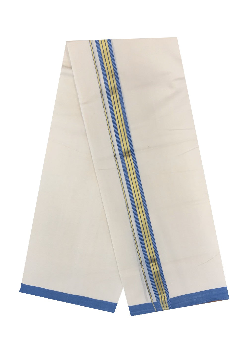 10% DISCOUNT! KaithariKada Balaramapuram Handlloom  100% Cotton Double Off white Mundu/Dhoti-100X100- 1.75inch Silver Kasavu & BLUE Kara.-2.