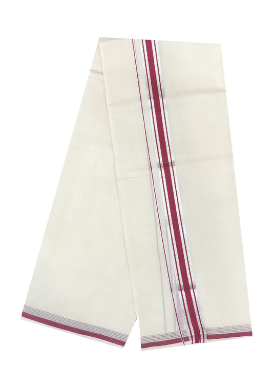 10% DISCOUNT! KaithariKada Balaramapuram Handloom 100% Cotton Double Off white Mundu/Dhoti-100X100- 2 inch  Silver Kasavu & Magenta  Kara.-3.