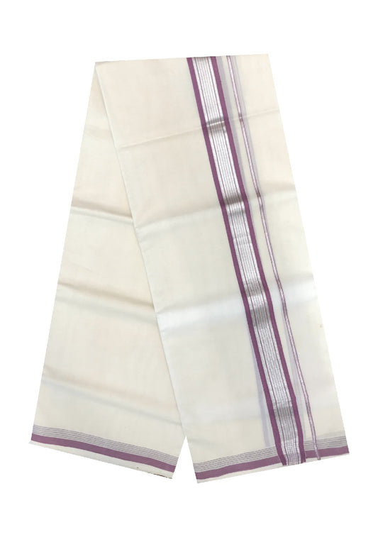 10% DISCOUNT! KaithariKada Balaramapuram Handloom 100% Cotton Double Off white Mundu/Dhoti-100X100- 2.5  inch Silver Kasavu & Violet  Kara.-4.