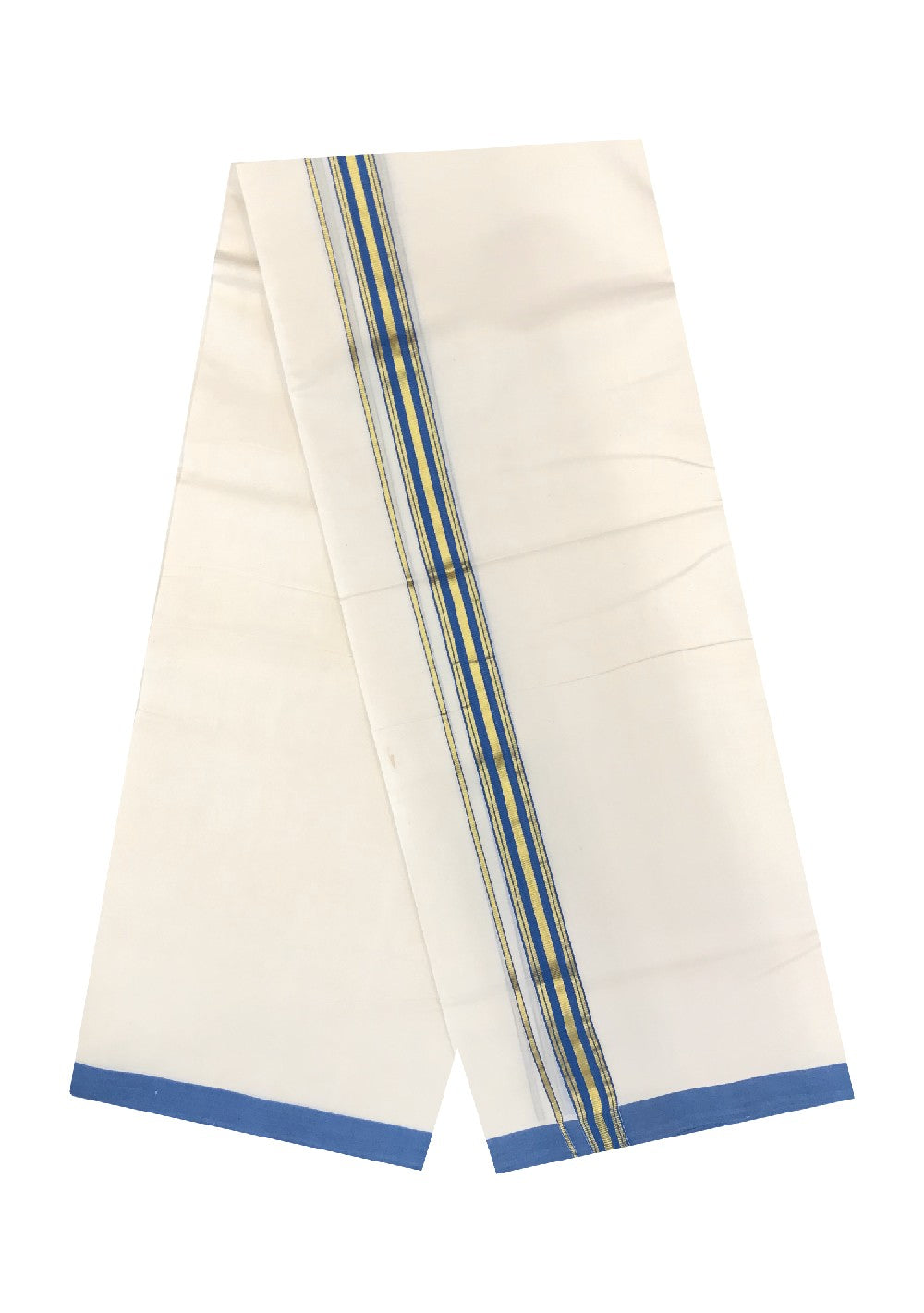 21% Discount KaithariKada Balaramapuram Handloom 100% Cotton Double Off white Mundu/Dhoti-100X100-  1.75inch Gold Kasavu & Blue Kara.-5.