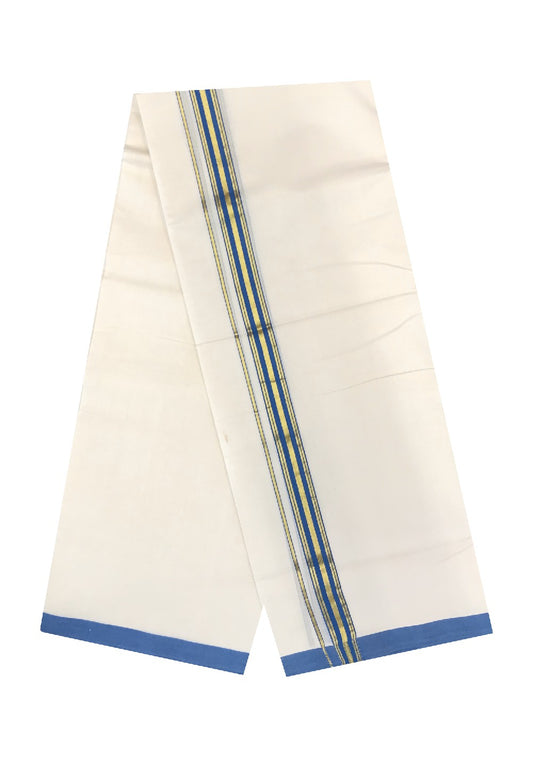 21% Discount KaithariKada Balaramapuram Handloom 100% Cotton Double Off white Mundu/Dhoti-100X100-  1.75inch Gold Kasavu & Blue Kara.-5.