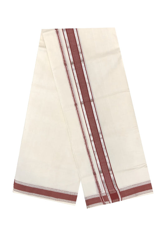 10% DISCOUNT!KaithariKada Handloom  Balaramapuram 100% Cotton Double Off white Mundu/Dhoti-100X100- 2.75 inch Silver  Kasavu & Red Kara.-6.