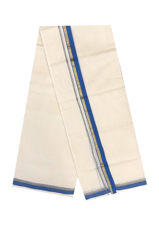 10% DISCOUNT! KaithariKada Balaramapuram Handloom 100% Cotton Double Off white Mundu/Dhoti-100X100-1.5 inch  Gold Kasavu & Blue Kara.-7.