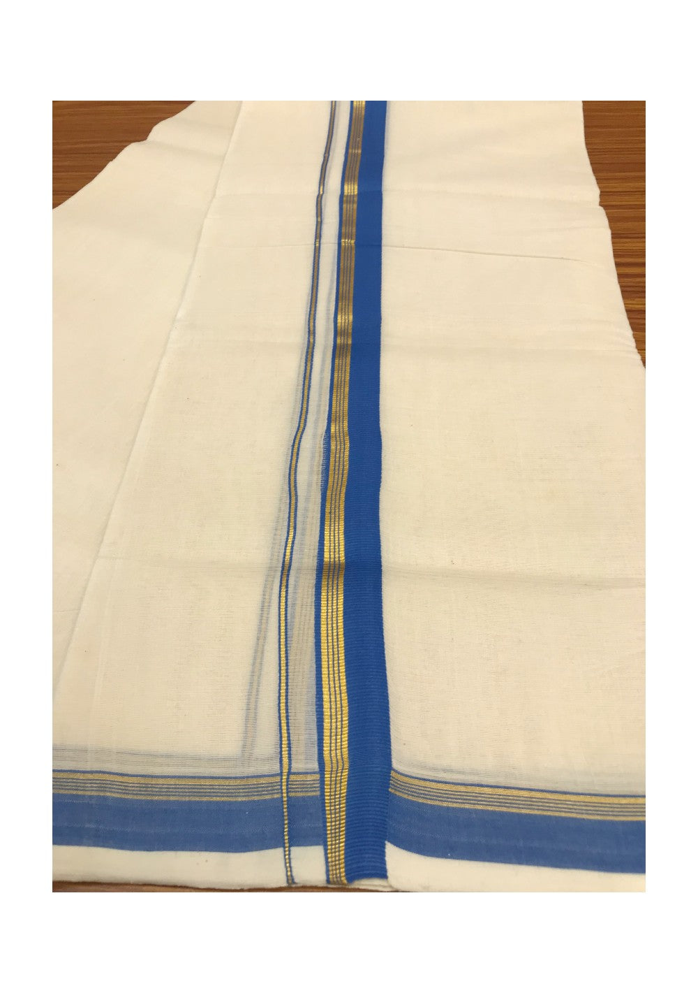 10% DISCOUNT! KaithariKada Balaramapuram Handloom 100% Cotton Double Off white Mundu/Dhoti-100X100-1.5 inch  Gold Kasavu & Blue Kara.-7.